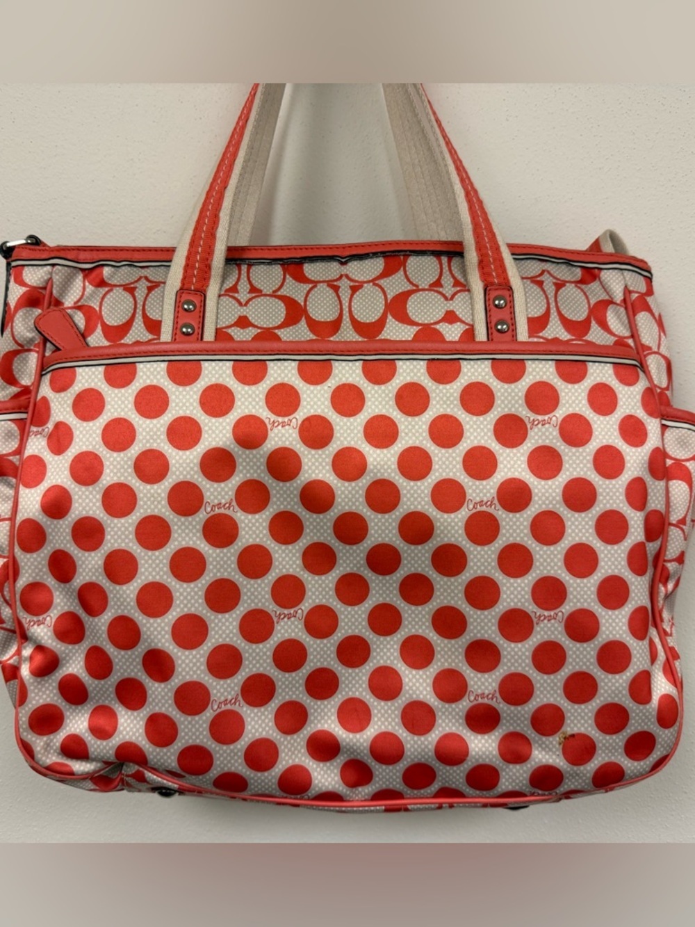 COACH Peyton Dream C Polka Dot Diaper Bag Tote, White & Orange Full Set - Rare - Picture 8 of 15